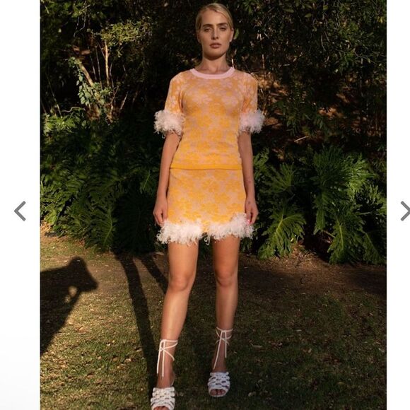 Andreeva Mini Knit Feather Trim Floral Skirt Yellow Size 6 - Picture 2 of 12